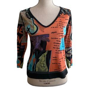Y2K Lynn Ritchie Printed Silk Blend V-Neck Top Size Medium